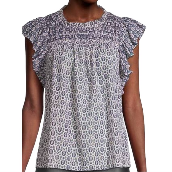 Rebecca Taylor La Vie Anthropologie Petula M Blue Metallic Floral Flutter Sleeve - Picture 3 of 6